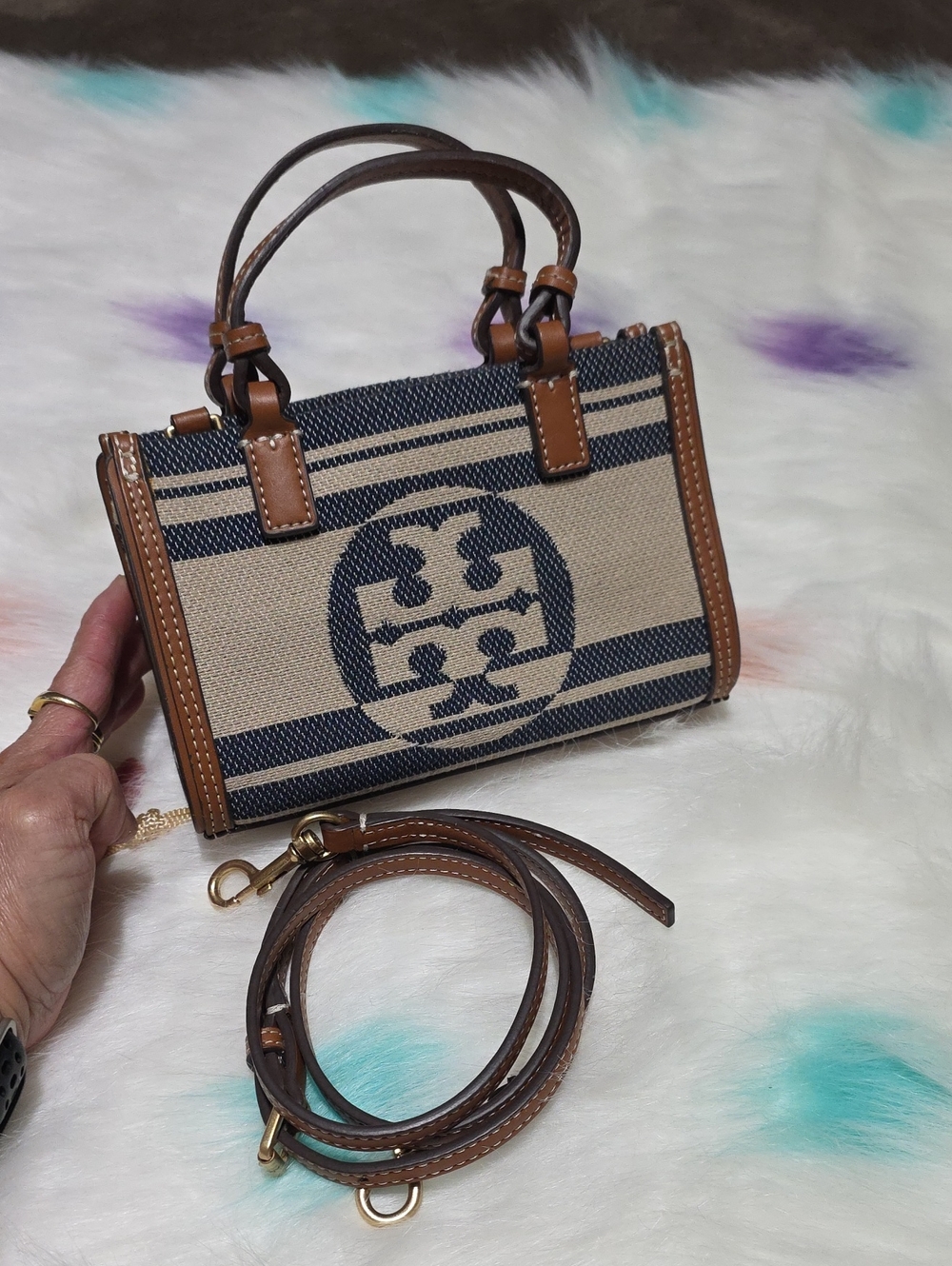 Authentic Tory Burch Canvas Mini Satchel in Navy and Tan